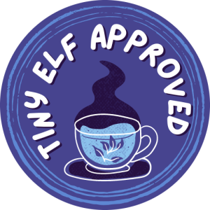 Tiny Elf Approved stamp picturing a steaming tea cup with leaves. All in blue shades.